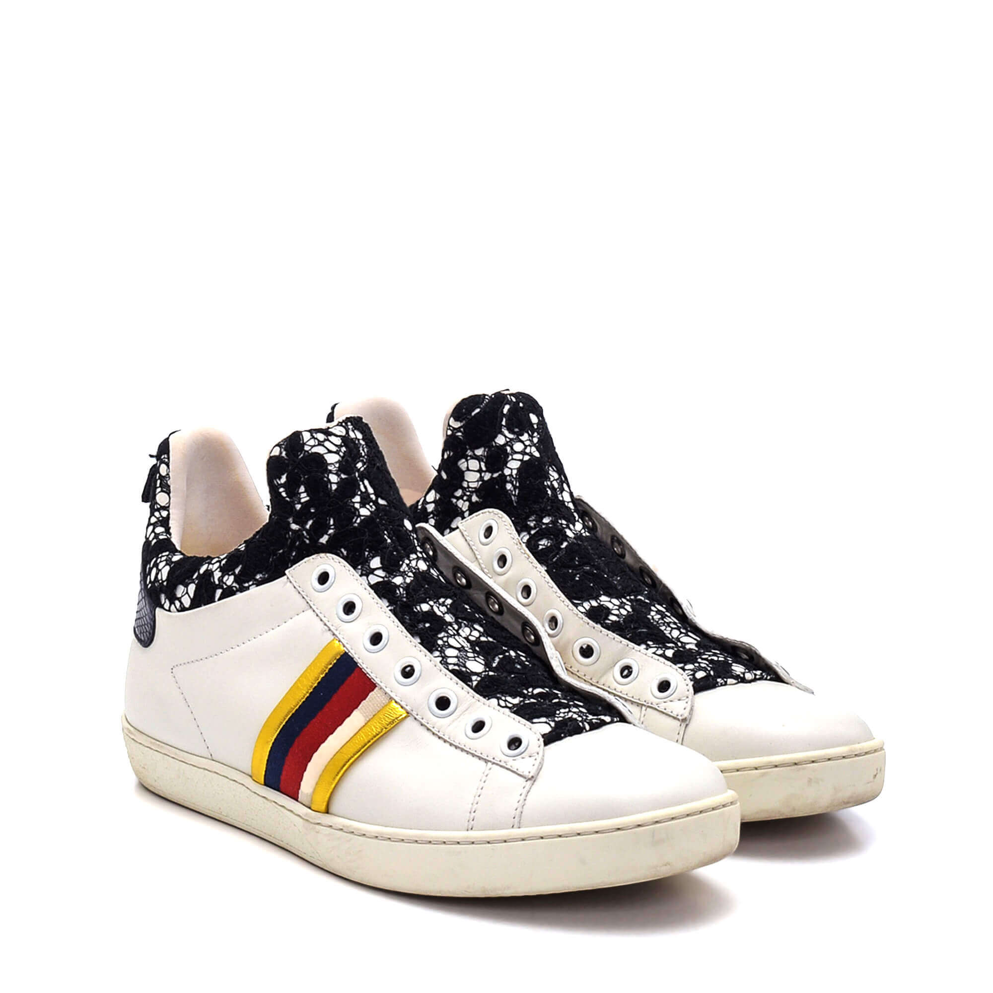 Gucci - White Leather and Lace Ace Web Detail Slip On Sneakers